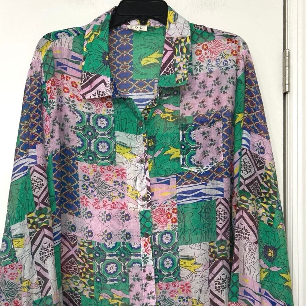 Pol Patchwork Multi Print Cotton Button Up Oversi… - image 4
